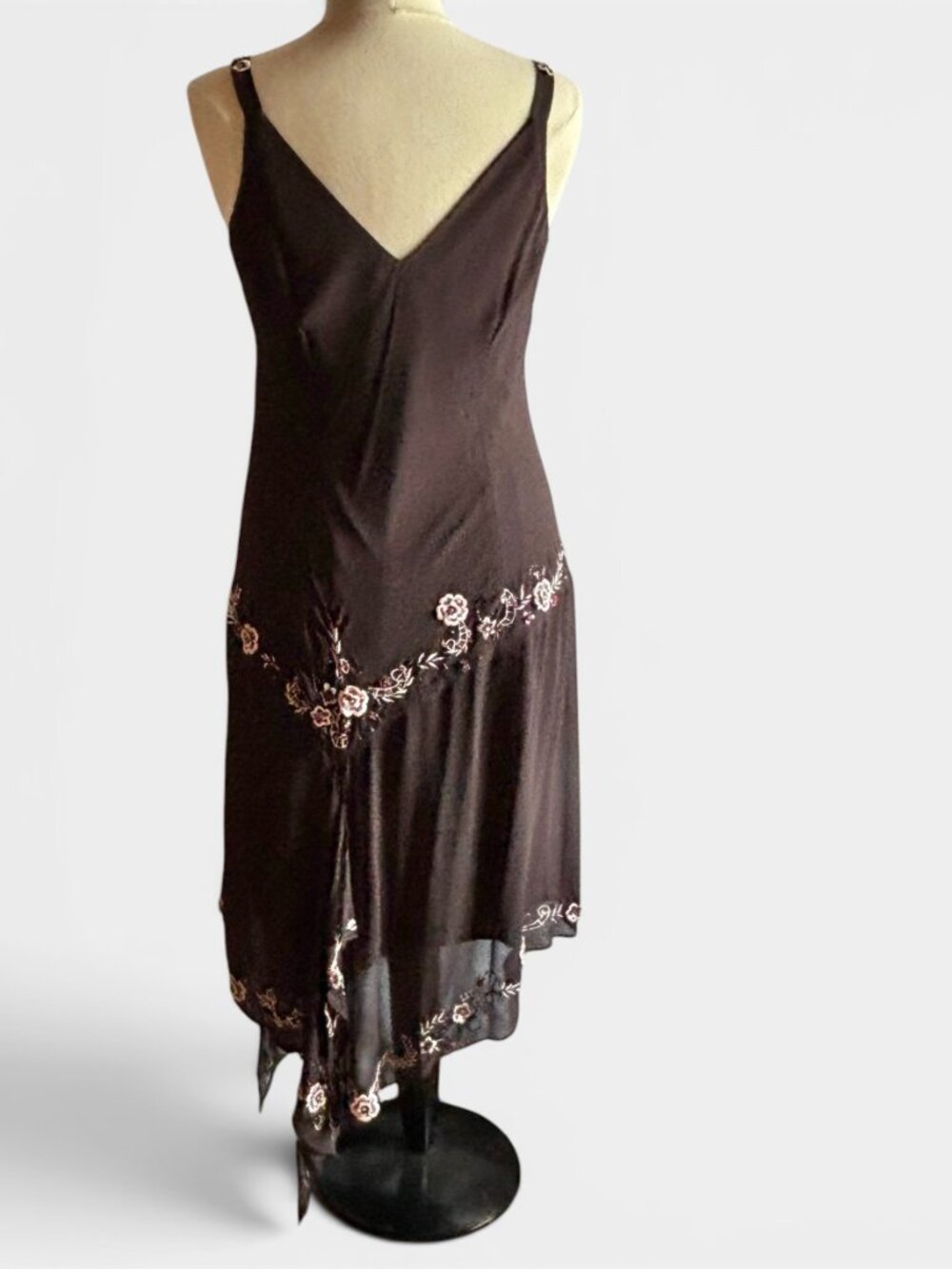 Brown Floral Embroidered 1920s-Inspired Handkerchief Hem Dress - Picture 6 of 16